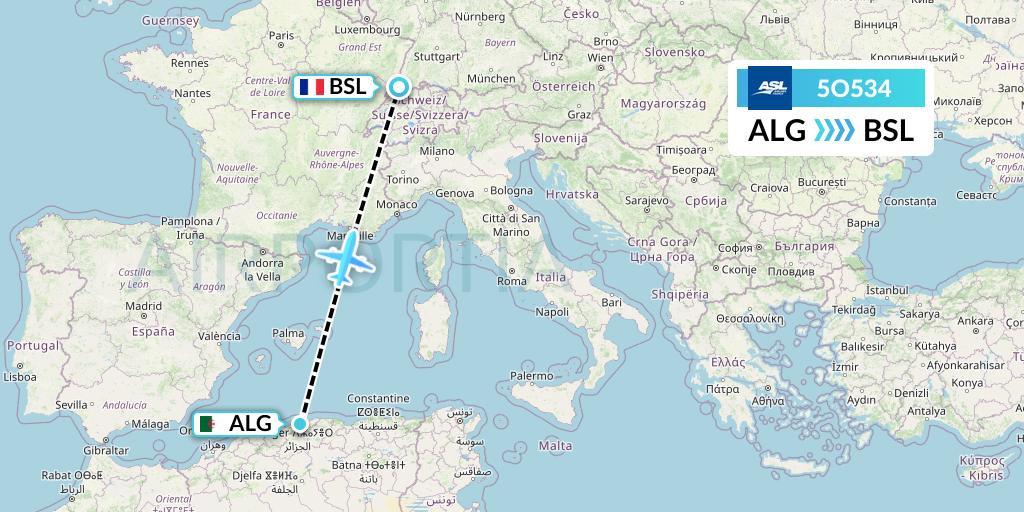 5O534 ASL Airlines France Flight Map: Algiers to Basel