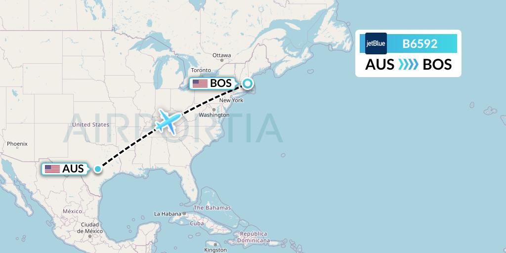 B6592 JetBlue Airways Flight Map: Austin to Boston