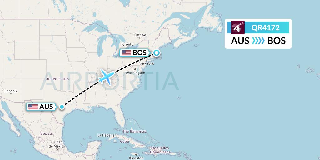 QR4172 Qatar Airways Flight Map: Austin to Boston