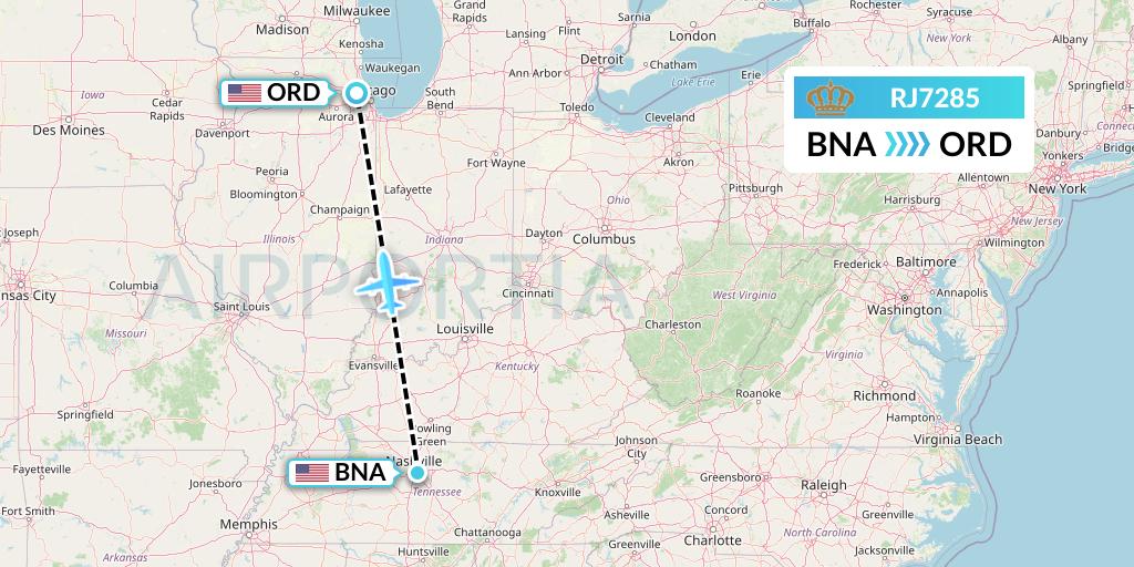 RJ7285 Royal Jordanian Flight Map: Nashville to Chicago