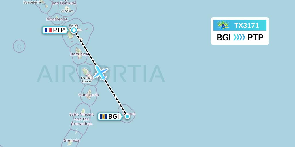 TX3171 Air Caraibes Flight Map: Bridgetown to Pointe-a-Pitre