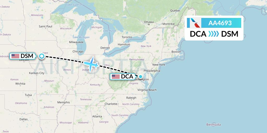 AA4693 American Airlines Flight Map: Washington to Des Moines