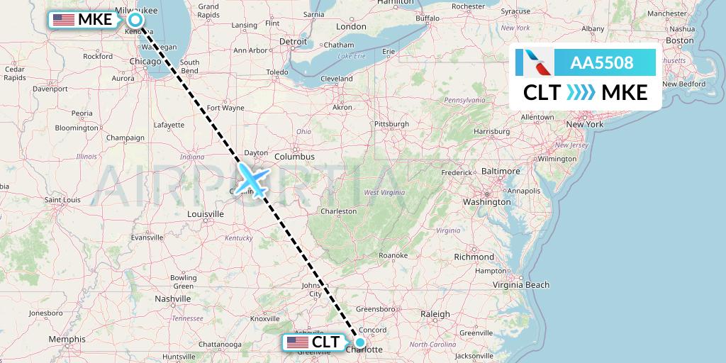 AA5508 American Airlines Flight Map: Charlotte to Milwaukee