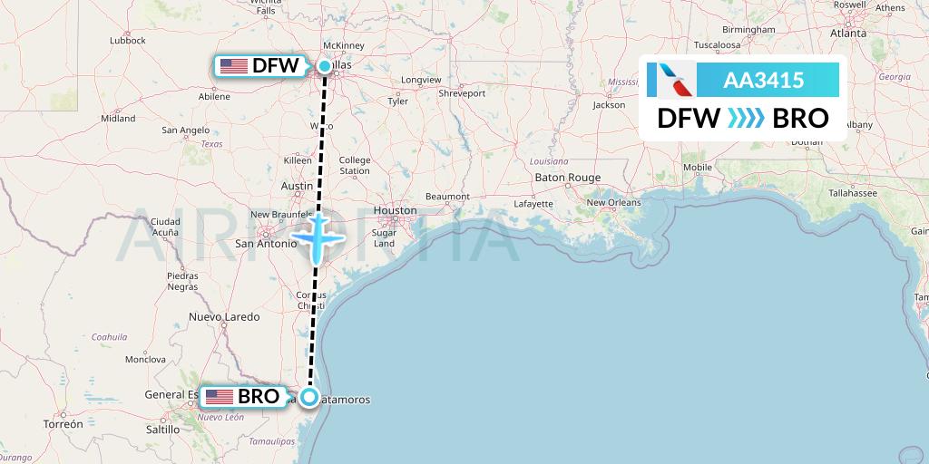 AA3415 American Airlines Flight Map: Dallas to Brownsville