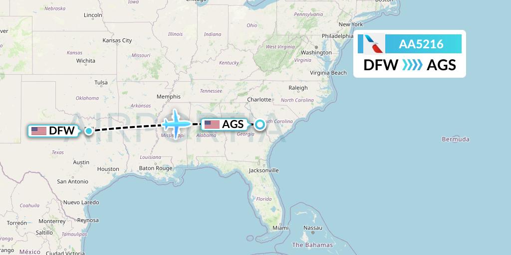 AA5216 American Airlines Flight Map: Dallas to Augusta