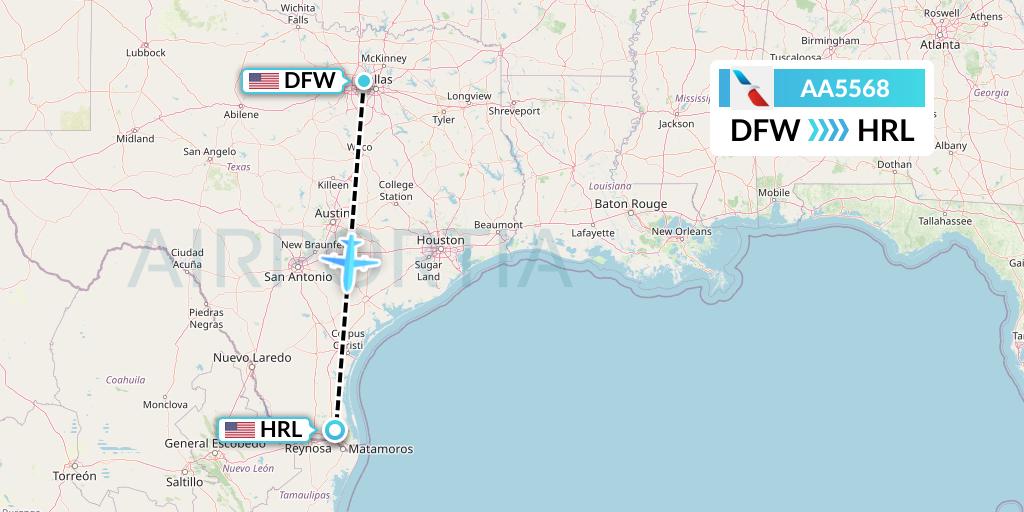 AA5568 American Airlines Flight Map: Dallas to Harlingen