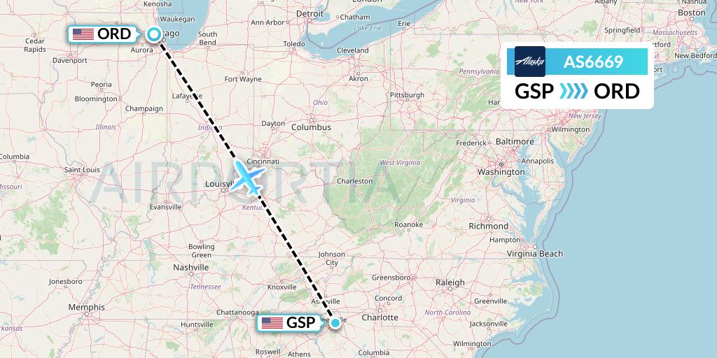AS6669 Alaska Airlines Flight Map: Greenville-Spartanburg to Chicago