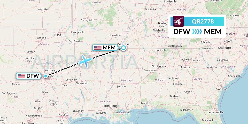 QR2778 Qatar Airways Flight Map: Dallas to Memphis