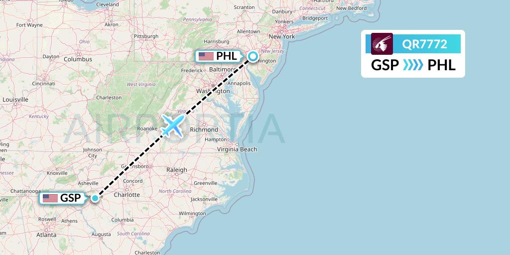 QR7772 Qatar Airways Flight Map: Greenville-Spartanburg to Philadelphia