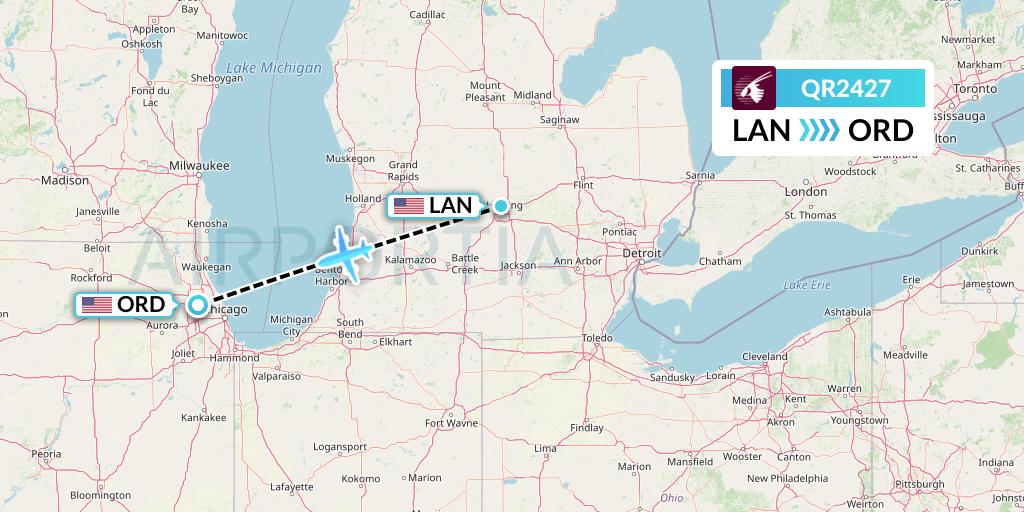 QR2427 Qatar Airways Flight Map: Lansing to Chicago