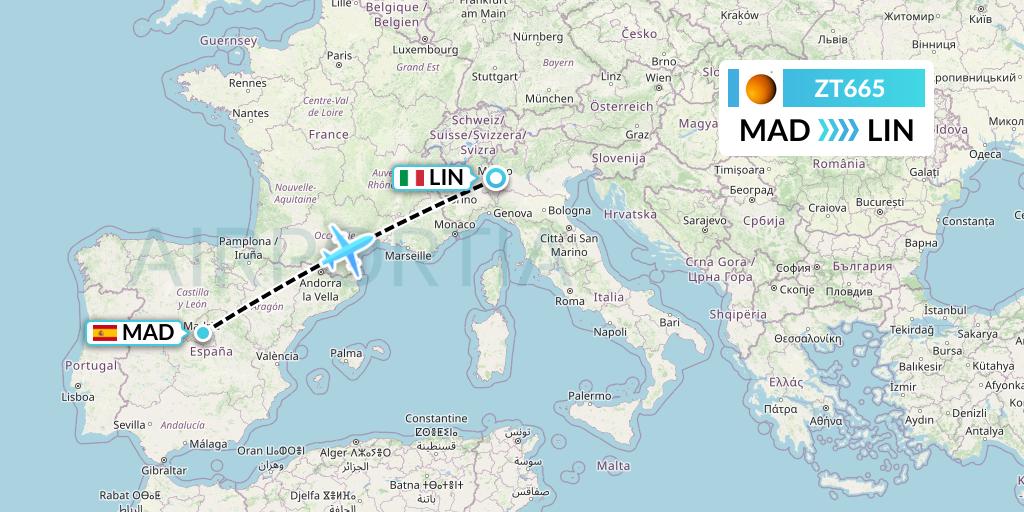 ZT665 Titan Airways Flight Map: Madrid to Milan
