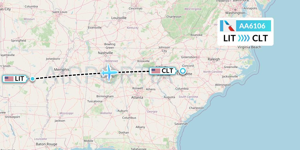 AA6106 American Airlines Flight Map: Little Rock to Charlotte
