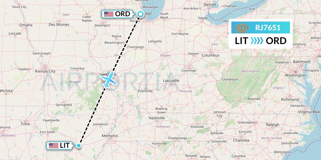 RJ7651 Royal Jordanian Flight Map: Little Rock to Chicago