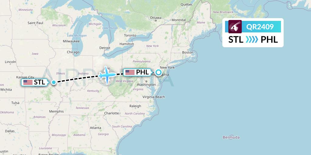 QR2409 Qatar Airways Flight Map: St. Louis to Philadelphia