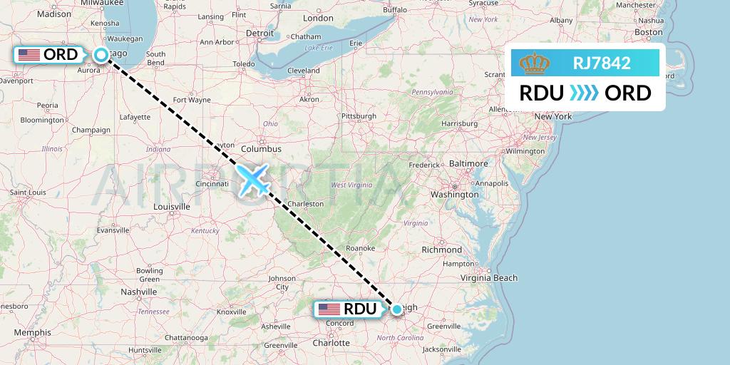 RJ7842 Royal Jordanian Flight Map: Raleigh-Durham to Chicago