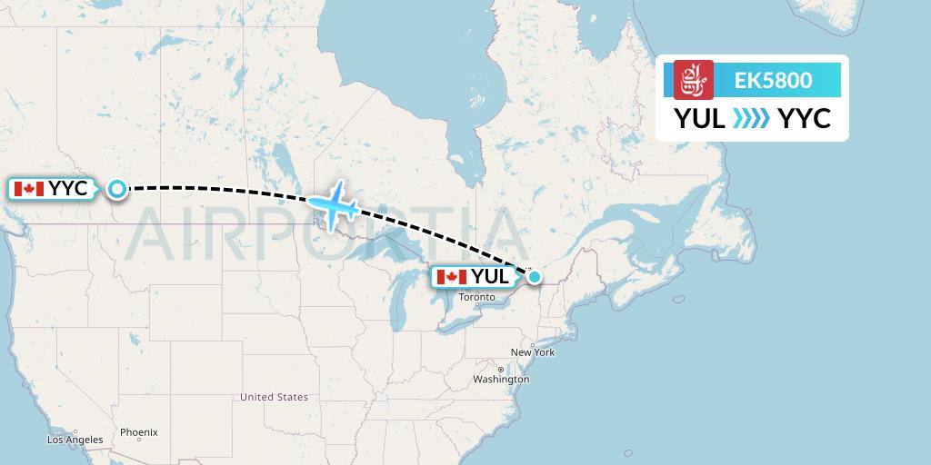 EK5800 Emirates Flight Map: Montreal to Calgary