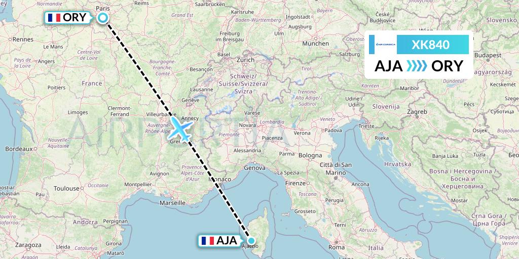 XK840 Air Corsica Flight Map: Ajaccio to Paris