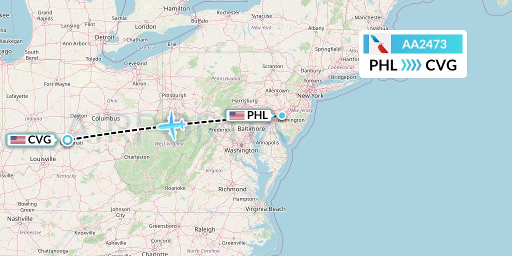 AA2473 American Airlines Flight Map: Philadelphia to Cincinnati