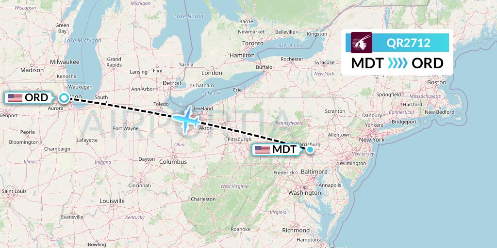 QR2712 Qatar Airways Flight Map: Harrisburg to Chicago