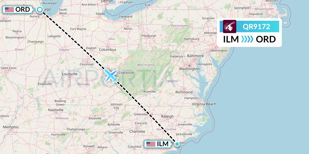 QR9172 Qatar Airways Flight Map: Wilmington to Chicago