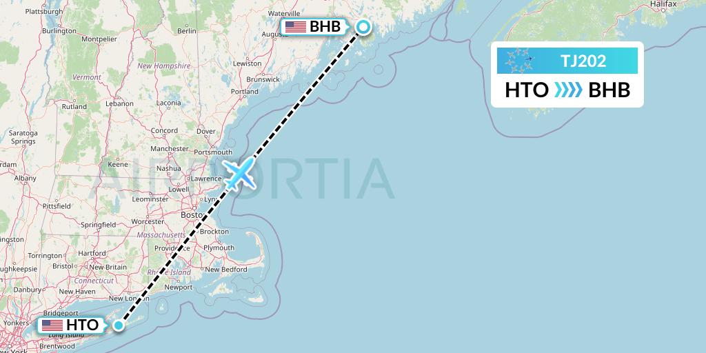 TJ202 Tradewind Aviation Flight Map: East Hampton to Bar Harbor