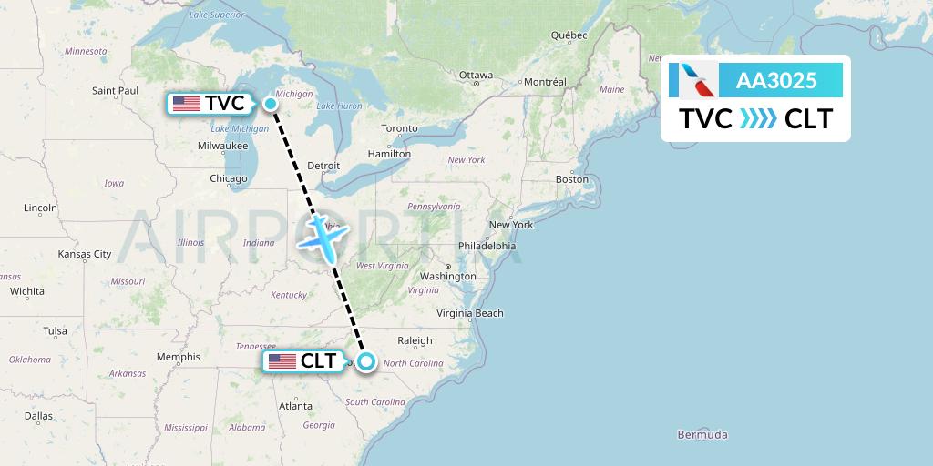 AA3025 American Airlines Flight Map: Traverse City to Charlotte