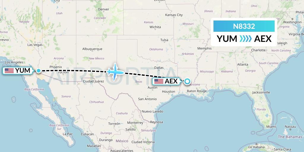 N8332 National Airlines Flight Map: Yuma to Alexandria