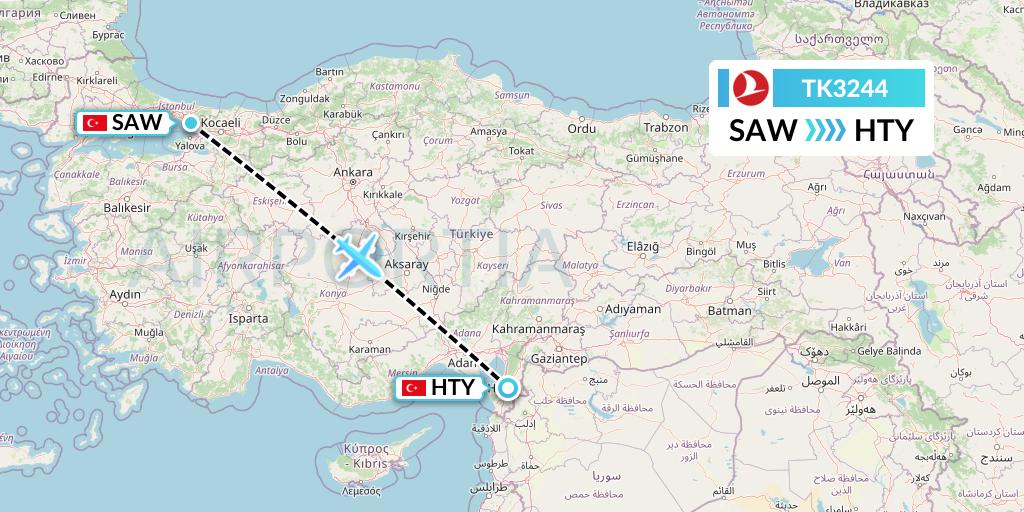 TK3244 Turkish Airlines Flight Map: Istanbul to Antakya