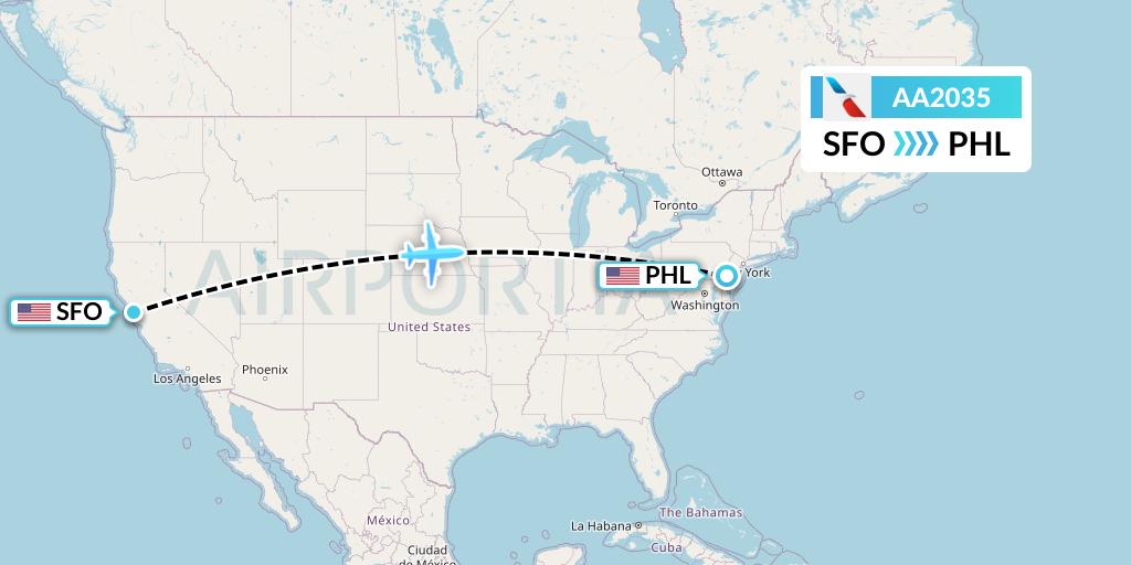 AA2035 American Airlines Flight Map: San Francisco to Philadelphia