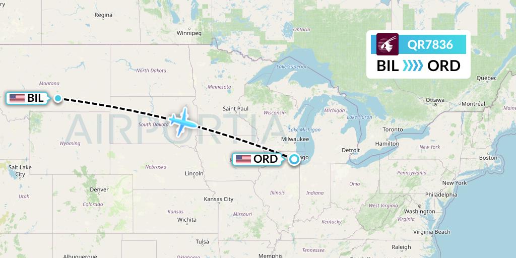 QR7836 Qatar Airways Flight Map: Billings to Chicago