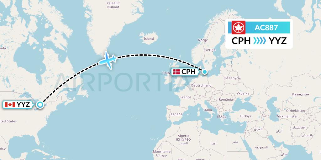 AC887 Air Canada Flight Map: Copenhagen to Toronto