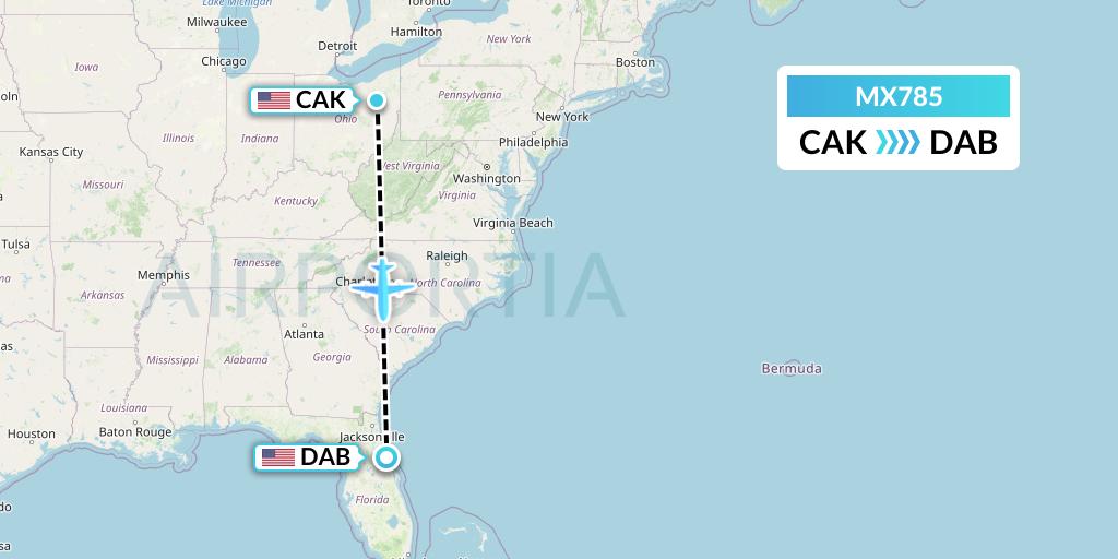 MX785 Breeze Airways Flight Map: Akron to Daytona Beach