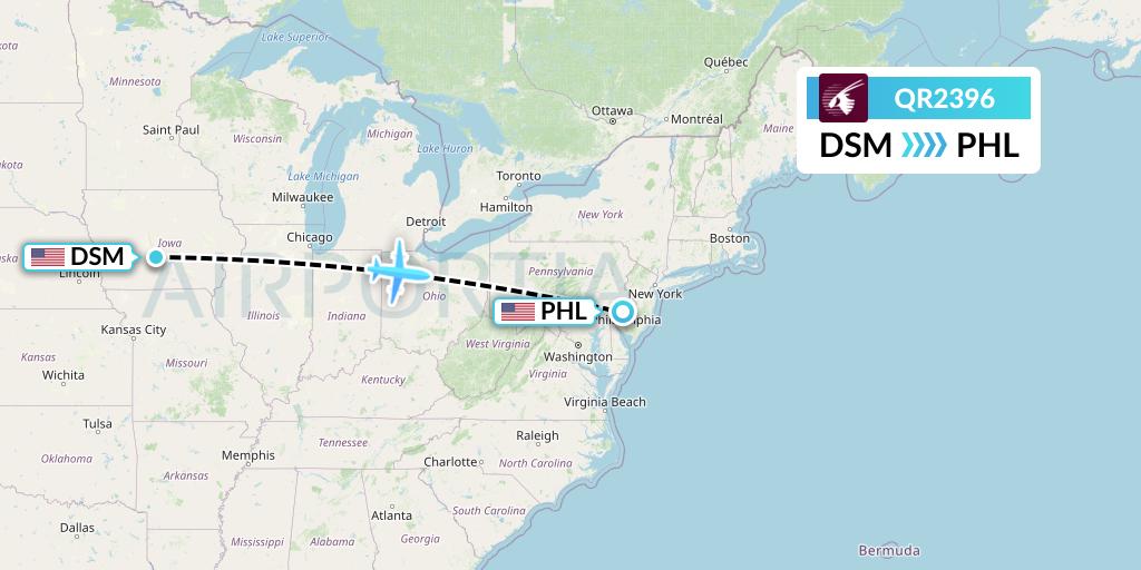 QR2396 Qatar Airways Flight Map: Des Moines to Philadelphia