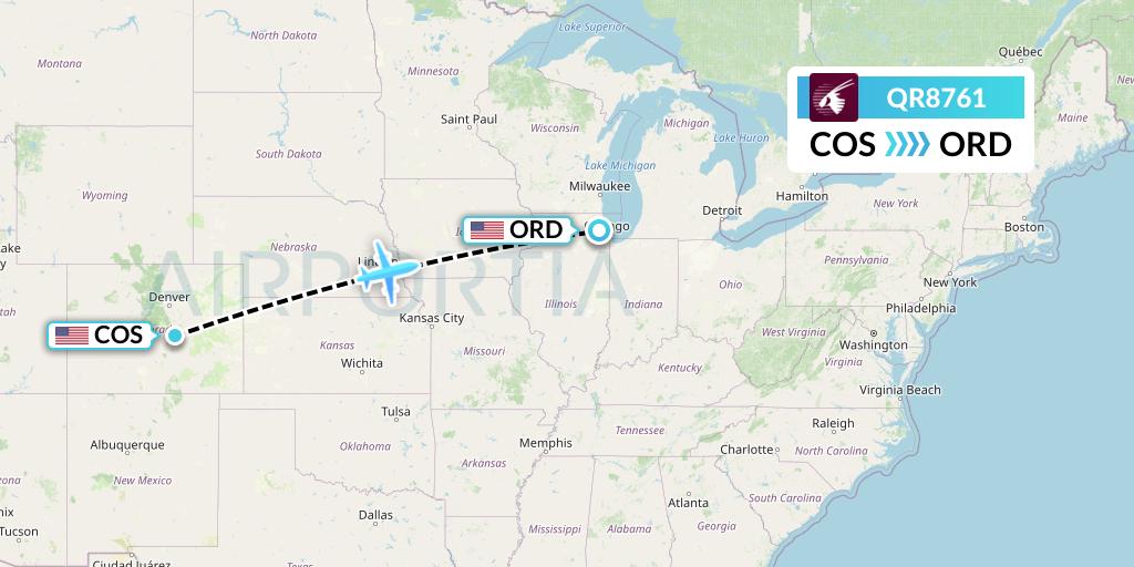 QR8761 Qatar Airways Flight Map: Colorado Springs to Chicago