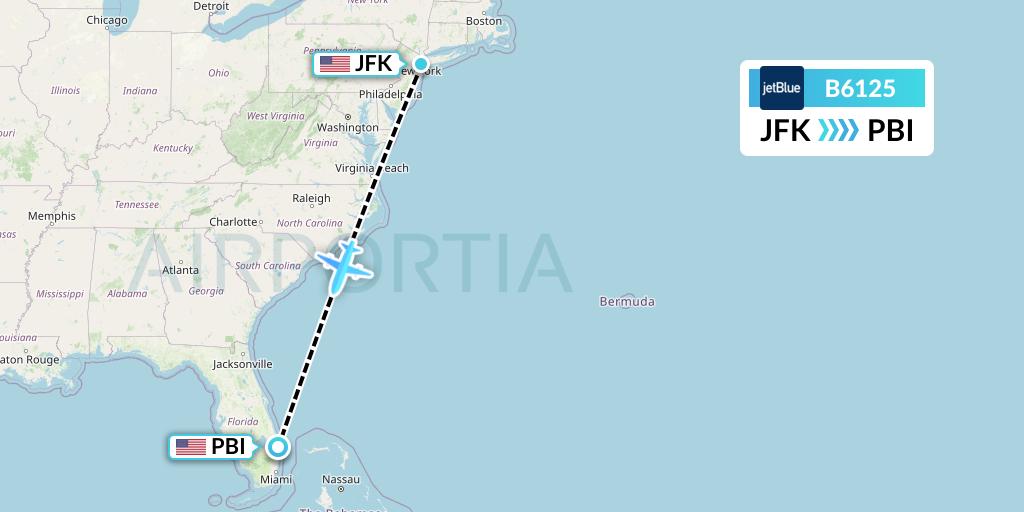 B6125 JetBlue Airways Flight Map: New York to West Palm Beach