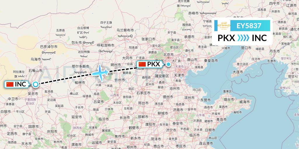 EY5837 Etihad Airways Flight Map: Beijing to Yinchuan