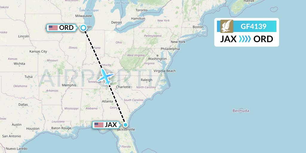 GF4139 Gulf Air Flight Map: Jacksonville to Chicago