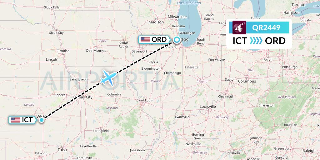 QR2449 Qatar Airways Flight Map: Wichita to Chicago