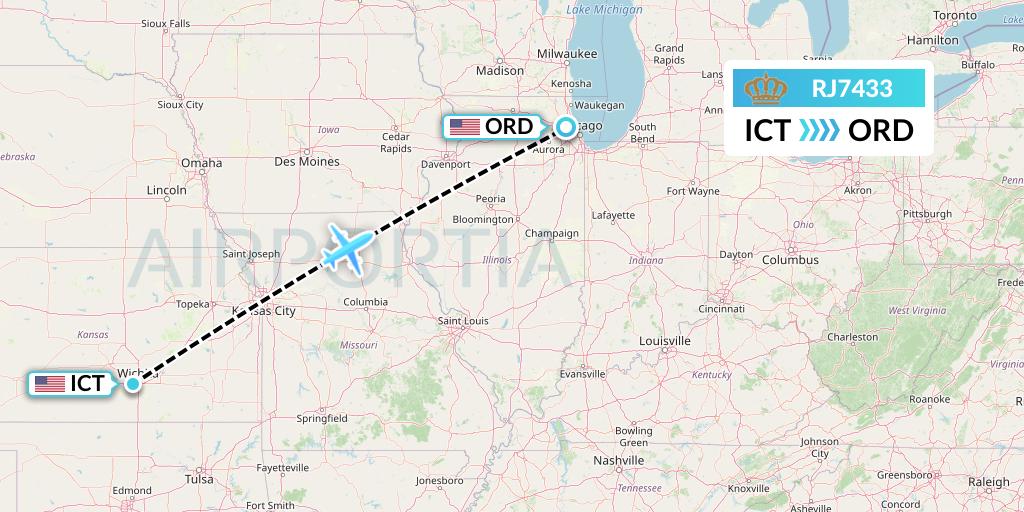 RJ7433 Royal Jordanian Flight Map: Wichita to Chicago