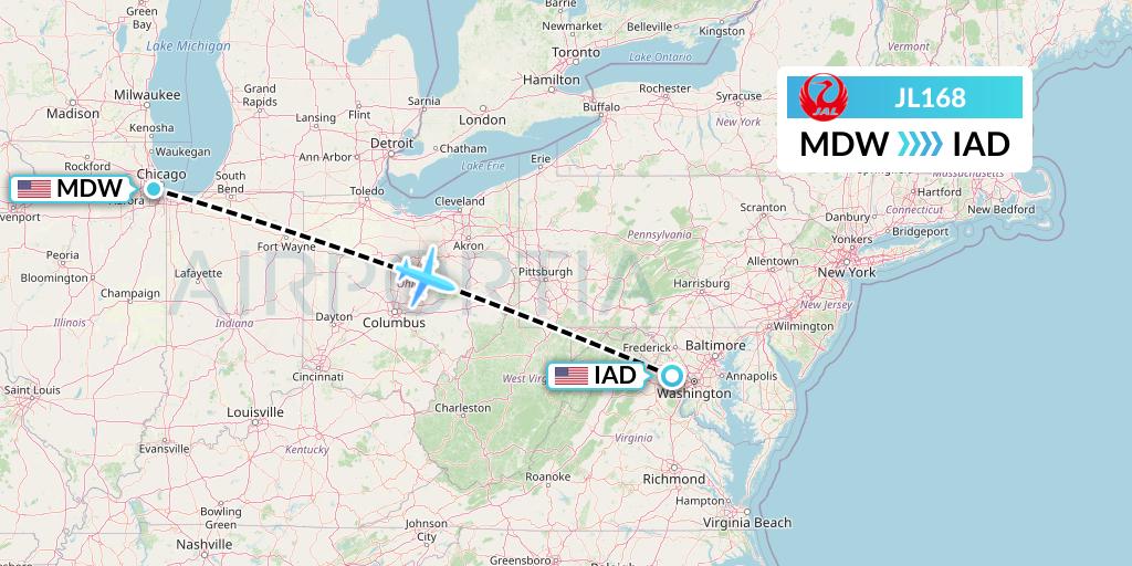 JL168 Japan Airlines Flight Map: Chicago to Washington