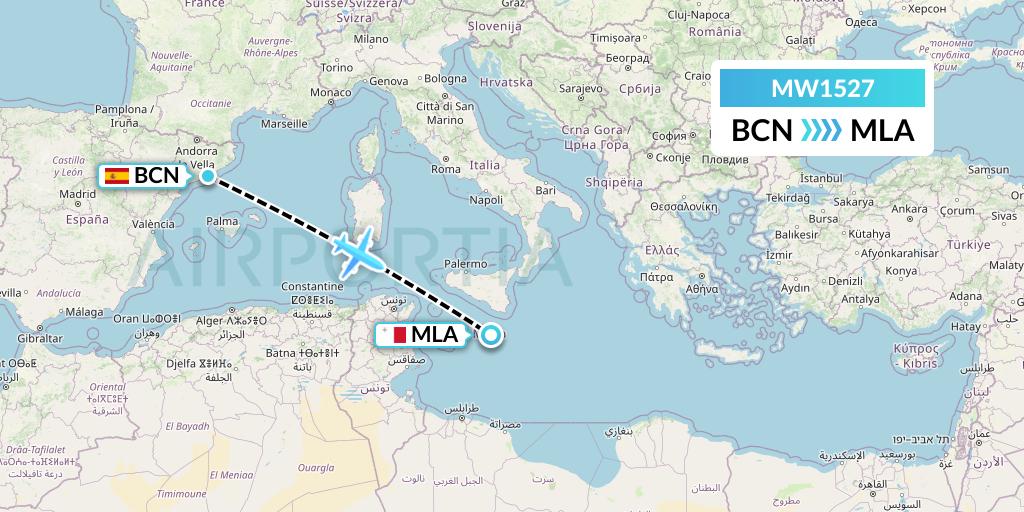 MW1527 Mokulele Flight Service Flight Map: Barcelona to Malta