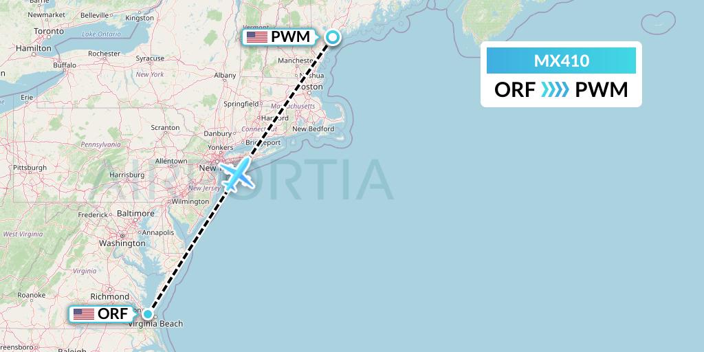 MX410 Breeze Airways Flight Map: Norfolk to Portland