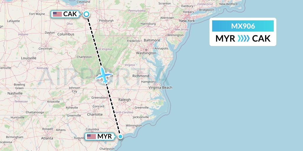 MX906 Breeze Airways Flight Map: Myrtle Beach to Akron