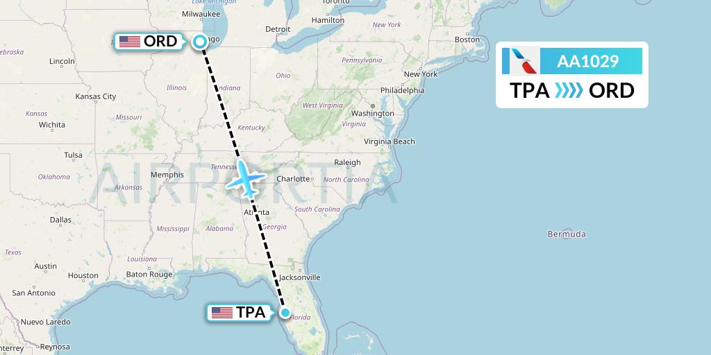 AA1029 American Airlines Flight Map: Tampa to Chicago