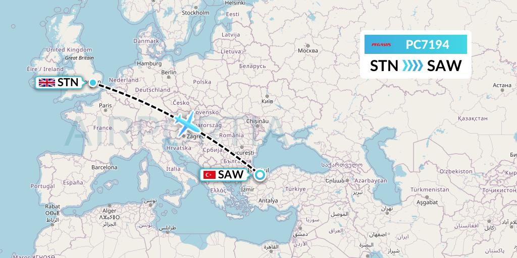 PC7194 Pegasus Airlines Flight Map: London to Istanbul