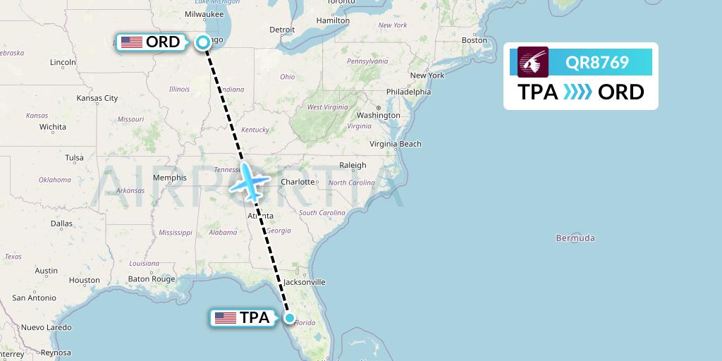 QR8769 Qatar Airways Flight Map: Tampa to Chicago