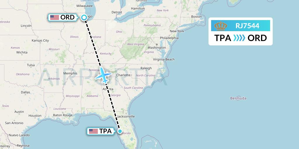 RJ7544 Royal Jordanian Flight Map: Tampa to Chicago