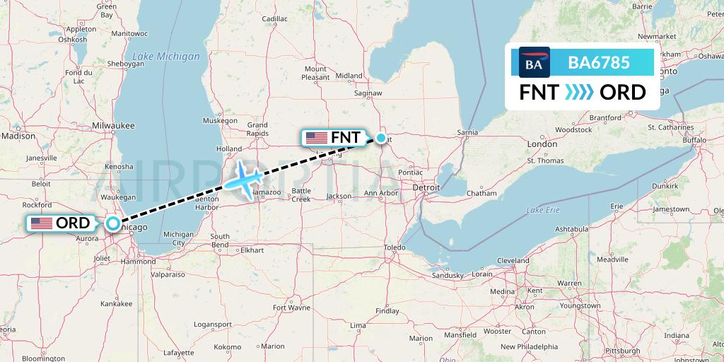 BA6785 British Airways Flight Map: Flint to Chicago
