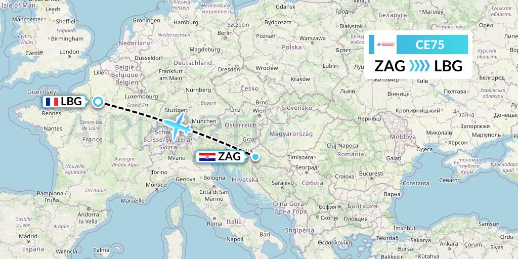CE75 Chalair Aviation Flight Map: Zagreb to Paris