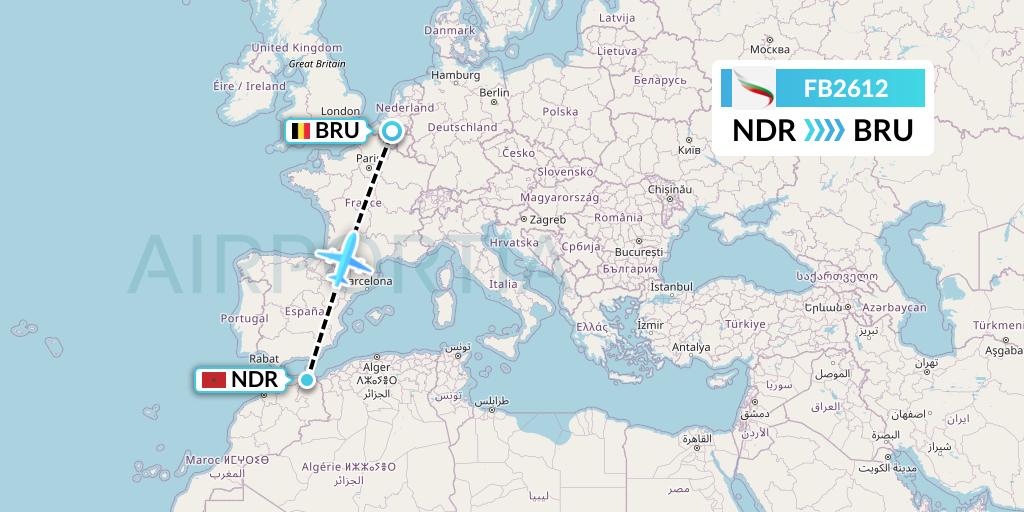 FB2612 Bulgaria Air Flight Map: Nador to Brussels